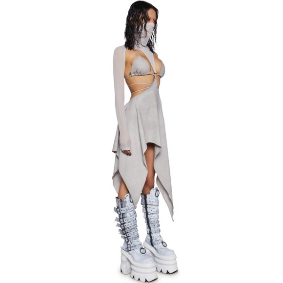 NWT Darker Wavs Off White Jersey and Mesh Cut Out Maxi Dress w. Mask Turtleneck - Picture 10 of 10